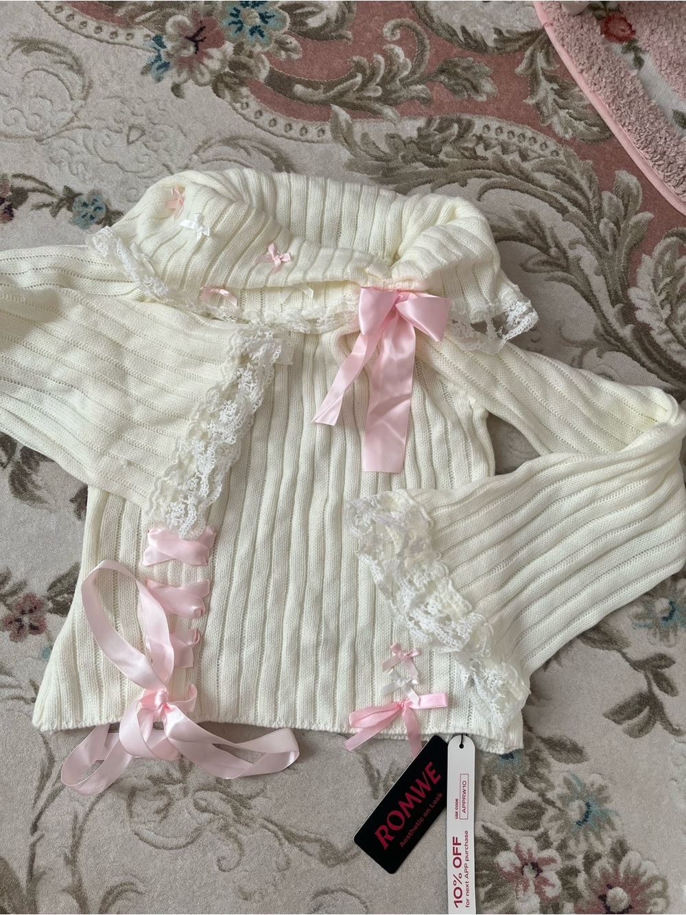 ROMWE Cream Knit Sweater with Pink Ribbon Details